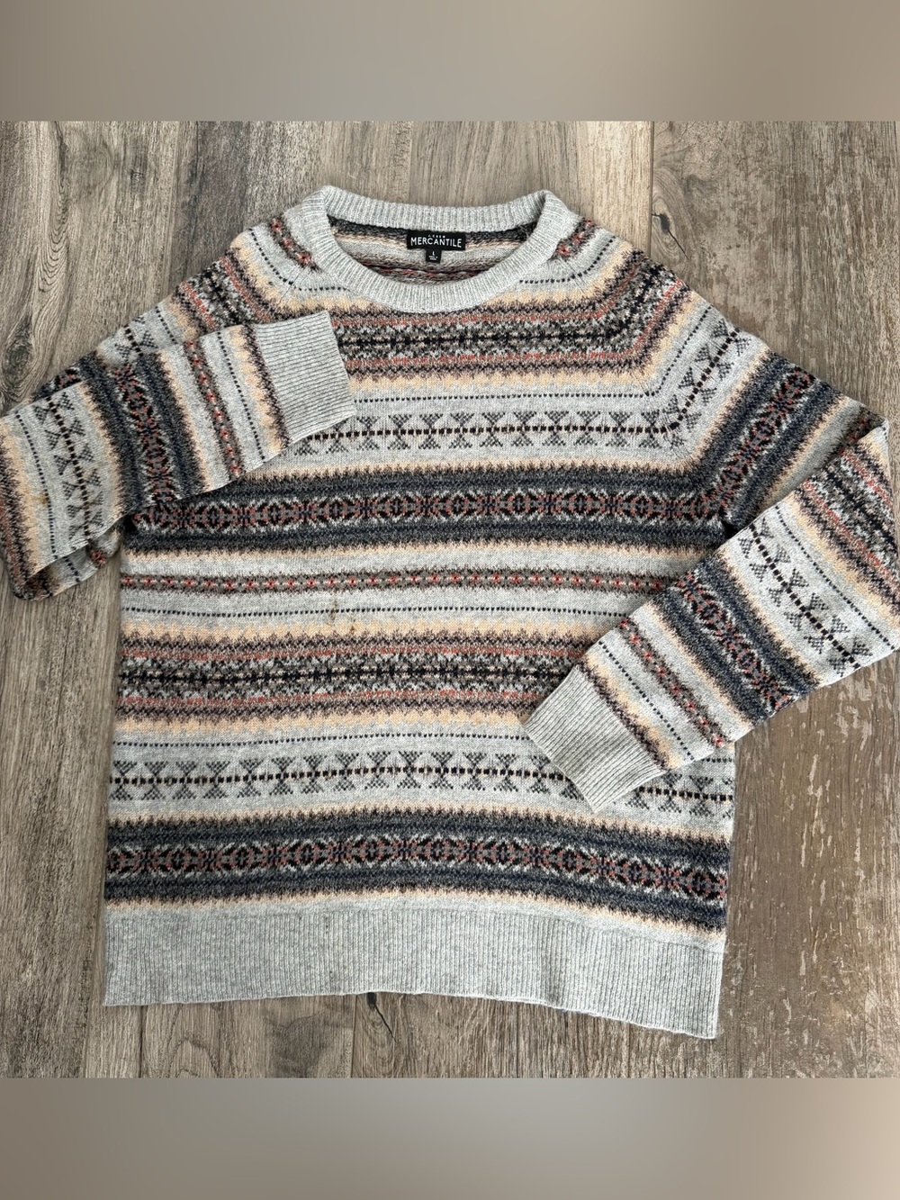 Men's J. Crew vintage Nordic Lambswool SweaLight Gray Fair Isle Crewneck Sweater